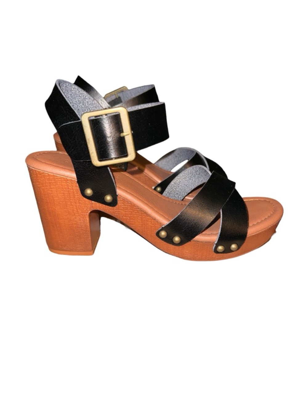 Black Leather Strappy Platform Sandal with Tan Wood-Effect Heel